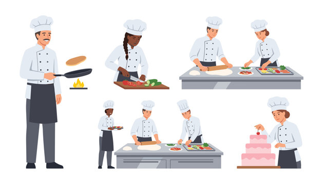 Professional Restaurant Chef Vector Character Set Featuring Diverse Kitchen Staff Cooking Flipping Pancakes Baking Pastries and Decorating Cakes Graphic Design Elements