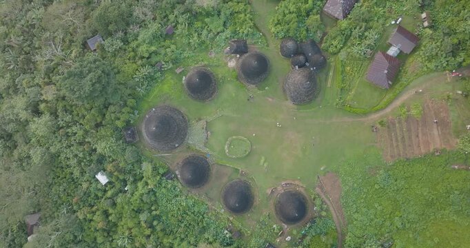 Aerial view of the traditional conical houses of Waerebo Village surrounded by lush forest and greenery in Satar Mese Barat, East Nusa Tenggara, Indonesia.