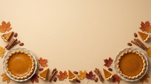 Fresh pumpkin and pecan pies with autumn leaves and cinnamon sticks on a soft light orange background