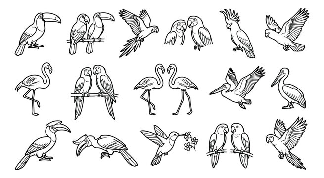 Tropical bird vector line art set, exotic parrot and toucan outlines, flamingo and hummingbird illustrations for graphic design