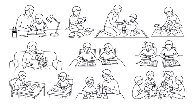 Line art kids studying vector icon set, children learning with parents illustrations, family educational activity black outline doodles