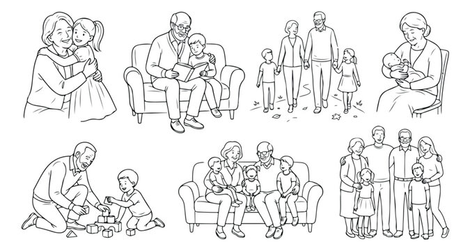Minimalist family line art illustrations set, happy parents grandparents and children drawings, continuous outline vector art bundle