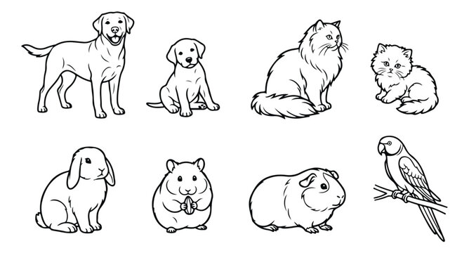 Line art pet icons set, cute domestic animals vector illustration, dog cat puppy kitten rabbit hamster parrot line drawing, coloring page clip art