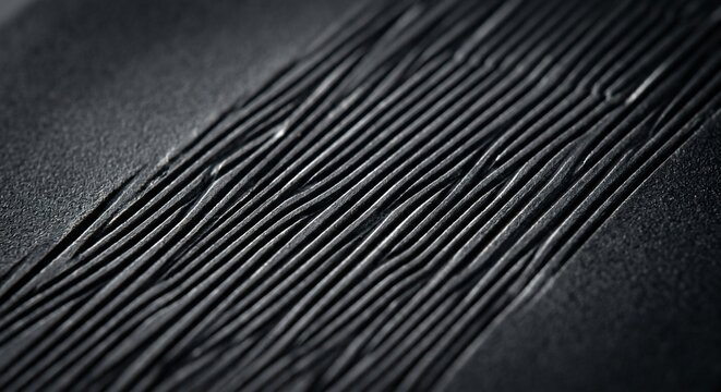 Dark forged metal surface with parallel raised linear ridges in macro view