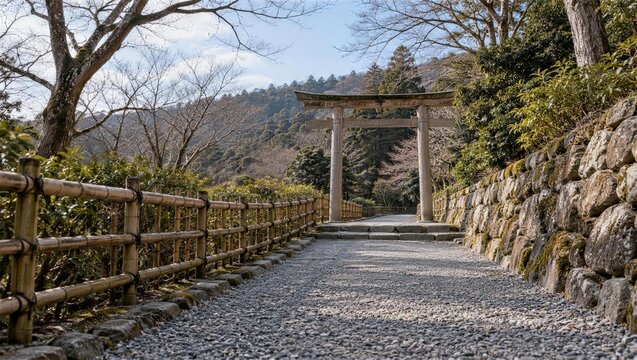 竹垣と石垣の間を曲がる雪の残る神社の参道