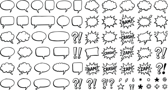 Comic speech bubbles vector collection, hand drawn comic book callout set, black outline speech balloons for graphic design