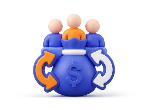 Three stylized characters surrounding a money bag with exchange arrows financial team business exc 3D
