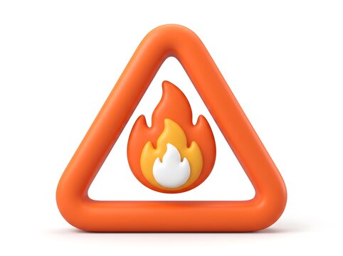 3D flame icon inside orange triangle warning sign for fire hazard with danger alert