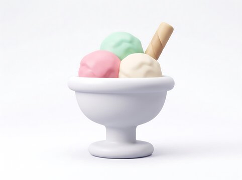 Assorted ice cream scoops in a ceramic bowl with a waffle wafer cookie dessert cup sweet food 3D