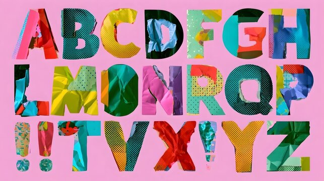 Playful collage font with cut out letters numbers and punctuation marks set. Ransom note style alphabet on colorful halftone crumpled dotted paper, funky elements for scrapbook. Vector illustration