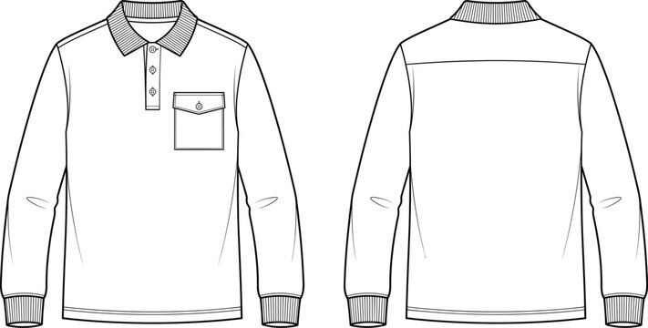 Men Long Sleeve Polo Shirt Front and Back Technical Flat Sketch Vector Mockup Template