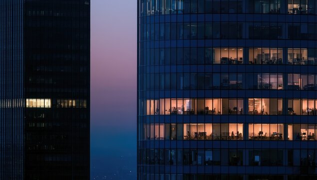 Modern glass office building facade with illuminated office windows at night.