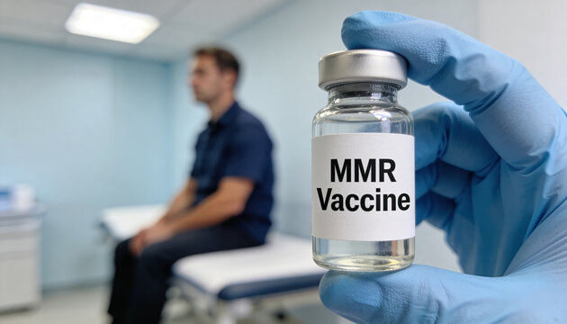Hand in glove holding a vial of MMR vaccine. Doctor preparing to