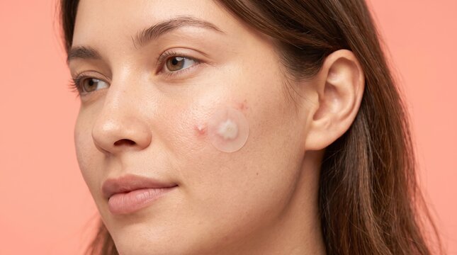 Young woman with hydrocolloid acne patch on cheek pimple for blemish treatment