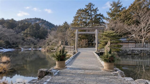 門松を飾った池の上の参道と鳥居