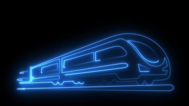 High speed glowing neon bullet train railway transportation services animation on black background 4k motion graphics animation video.