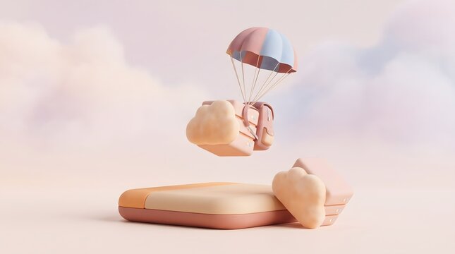 Parachute delivers cloud parcel. Gentle air drop lands. Pastel logistics offer shipping. E-commerce platform delivers safety.