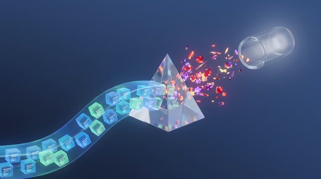 Crystal prism refracts data stream. Spectrum light splits particles. Database filter processes information. Optical science transforms data.