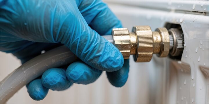 Plumber in blue gloves connecting a water hose to a radiator fitting for maintenance or repair work