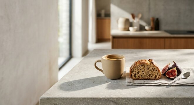 Morning coffee cup and artisanal bread with fresh figs on stone counter