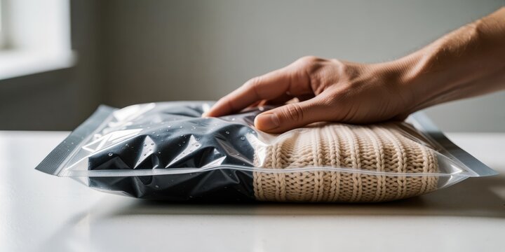 Person packing woolen sweater into transparent plastic compression bag for space saving storage and travel organization