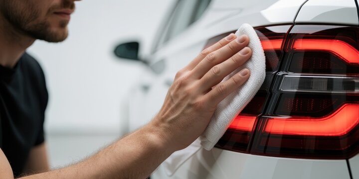 Young adult man detailing and cleaning white car tail light with microfiber cloth in automotive garage