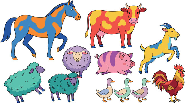 Colorful Farm Animal Collection Featuring Horses Cows Goats Sheep Pigs Ducks and Roosters for Children's Books Educational Posters and Rural Designs