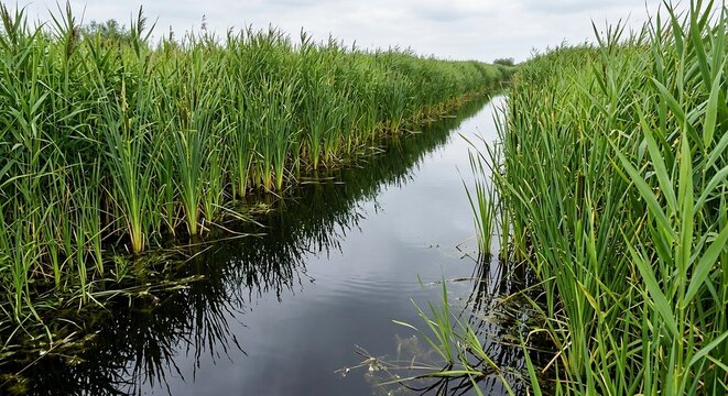 Narrow river channel flowing through tall green reeds under overcast sky