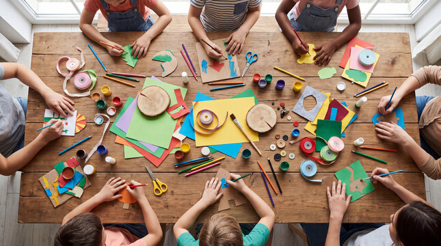Children creating colorful artwork together at a table during a collaborative arts and crafts activity.