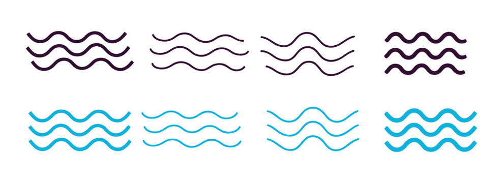 Water Waves Icon Set, Three Parallel Wavy Lines, Sea Ripple, Water Flow, Clean Water Sign and Minimalist Wave Pictogram.