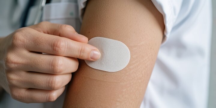 Healthcare worker applying a white transdermal patch on the arm of a patient for medication delivery and hormone therapy treatment