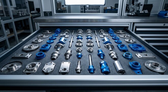 Organized metal and blue mechanical parts in a workshop drawer