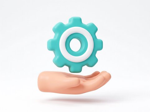3D stylized human hand holding a turquoise mechanical gear icon with technical support