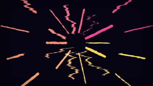 Abstract dynamic retro neon lines bursting from center on dark background creating loopable transition