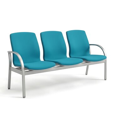 Modern waiting room bench with three turquoise seats and metal frame on white background