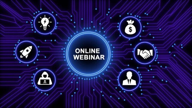 Digital online webinar concept featuring interactive business global communication network, virtual meeting technology, growth strategy, and cyber security integration on dark tech background
