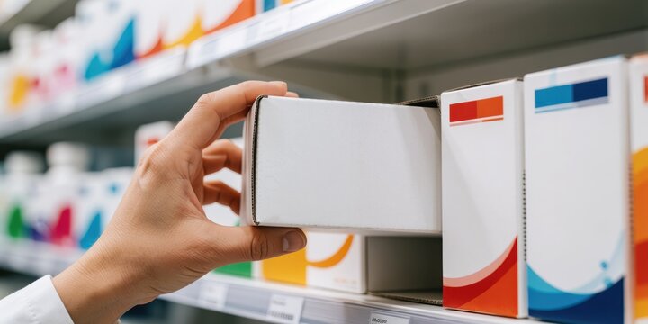 Pharmacist taking medicine box from pharmacy shelf to dispense prescription medication for a customer in a retail drugstore
