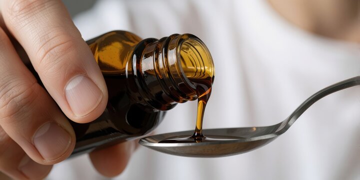 Person pouring cough syrup from amber glass bottle into a metal spoon for medical treatment
