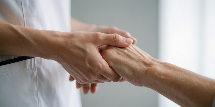Compassionate nurse holding elderly patient hand in hospital room providing emotional support and care for senior person