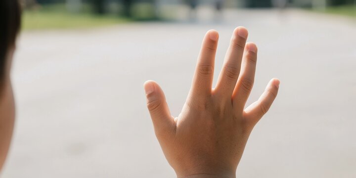 Young Child Waving Hand Up Close Outdoors Representing Greeting and Communication