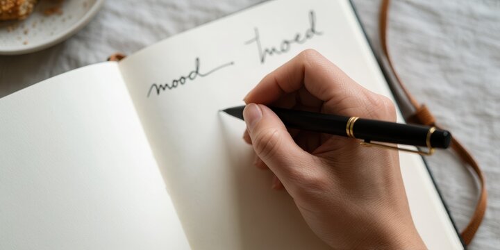 Woman writing the word mood in a blank notebook with a black pen representing journaling goals