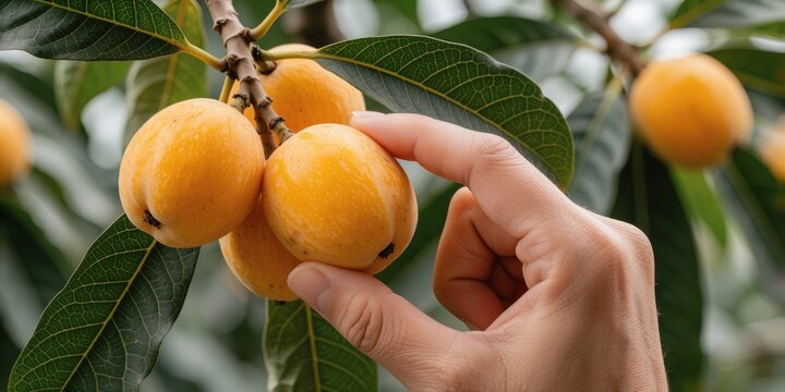 Harvesting ripe loquat fruit from tree branch by hand, fresh organic loquats farming and agriculture concept