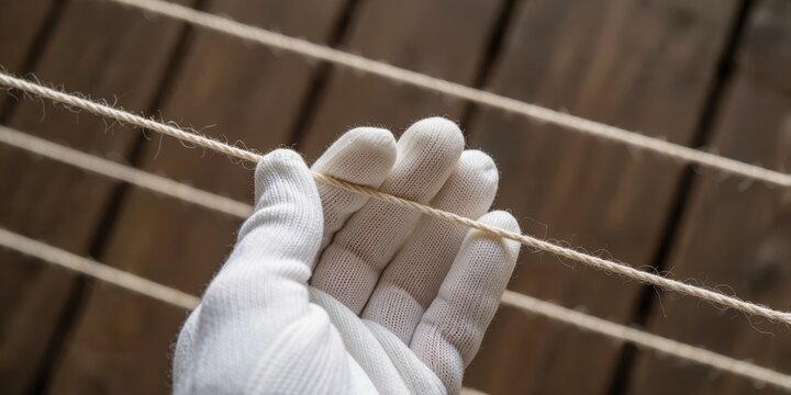 Gloved hand pulling and checking thin rope or twine string tightly stretched against a wooden background for craft and construction concept