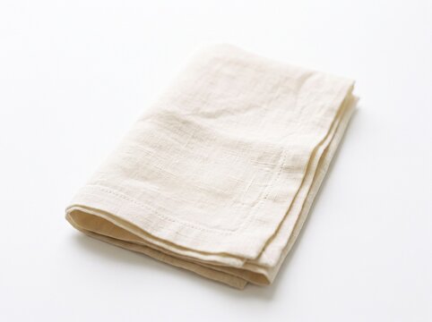 A single folded beige linen napkin resting on a clean white surface in a studio setting with lighting minimalist presentation