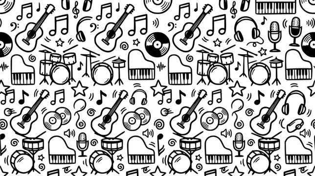 Hand Drawn Music and Sound Seamless Pattern with Guitar Piano Drum Vinyl Microphone and Note Icons
