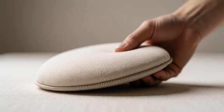 Hand holding a round beige fabric storage case or zippered travel pouch on a neutral surface representing minimalism and organization