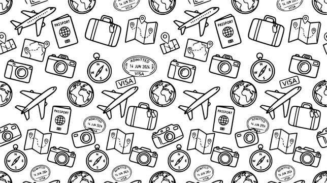 Hand Drawn Travel Adventure Seamless Pattern with Plane Passport Suitcase Camera Compass and Globe Icons