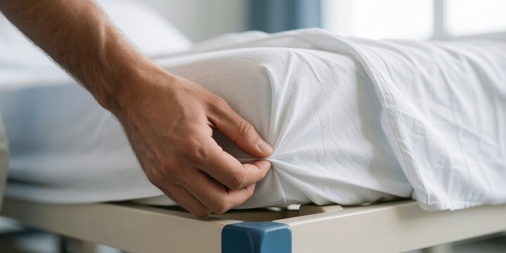 Hospital bed sheet changing by male nurse in medical facility for patient care and hygiene