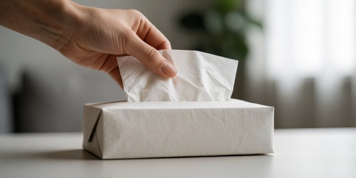 Woman pulling white facial tissue from a paper box on a table representing hygiene health care and allergy relief