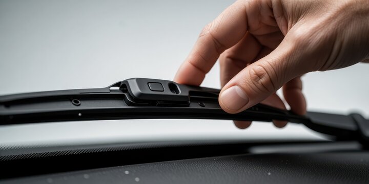 Person replacing windshield wiper blade on a car, demonstrating automotive maintenance and repair procedure in a close up view